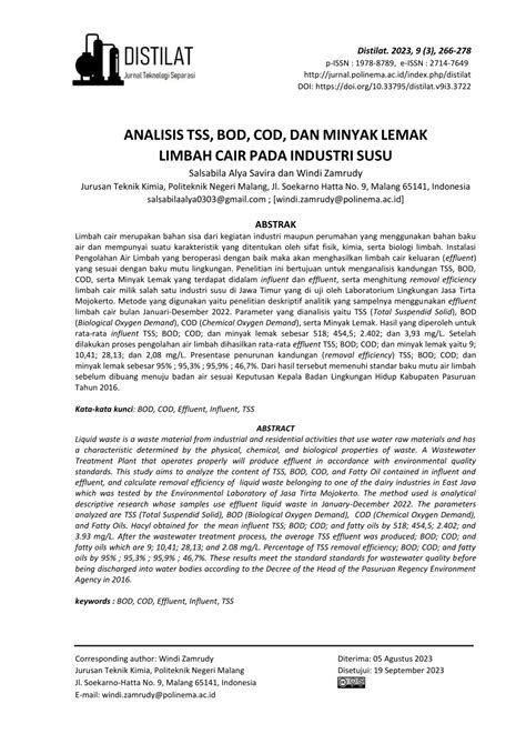 PDF ANALISIS TSS BOD COD DAN MINYAK LEMAK LIMBAH CAIR PADA