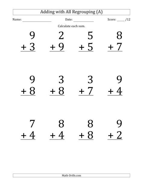 12 Single Digit Addition Questions With All Regrouping A Worksheets Library