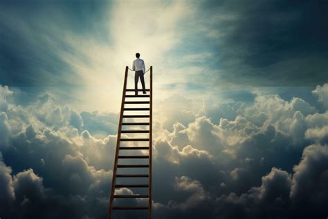 Businessman standing on ladder and looking at sky. Success and challenge concept, Choose right ...