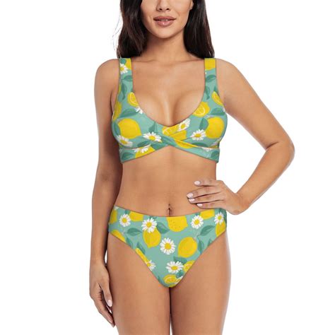 Rocae Lemons Chamomile Flowers And Leaves For Bikini Set For Women Two Piece Sexy High Swimsuits