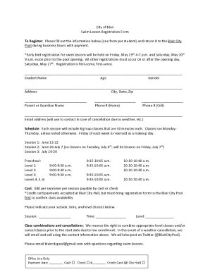 Fillable Online City Of Blair Swim Lesson Registration Form To Register