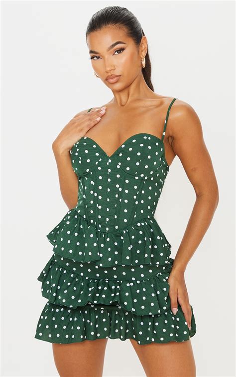 Emerald Green Polka Dot Strappy Corset Tiered Skater Dress