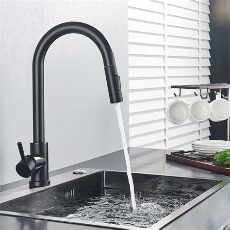 Deck Type Pull Out Kitchen Faucet Black Dual Function Spray Sink Mixer Single Handle Hot