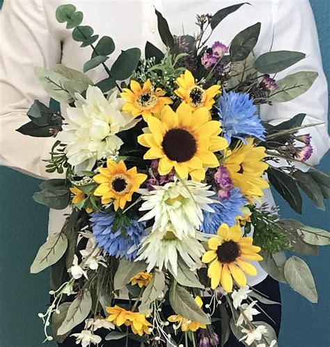 Savannah Sunflower Cascading Bouquet Sunflower Persian Cornflower Ice Blue Cascading Bouquet