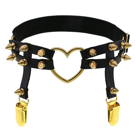 New Cosplay Rock Pub Girl Sexy Studded Gold Heart Rivet Leather Garter