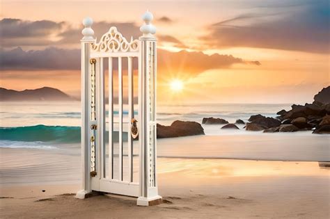 Premium Photo | A beautiful sunset with a white gate on the beach