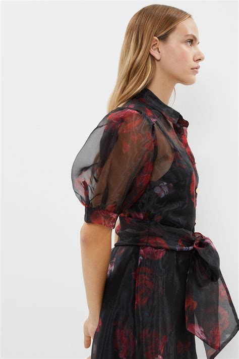 Coast Organza Puff Sleeve Printed Tie Waist Shirt Dress Coast22102152