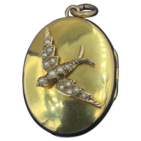 Victorian Bird Swallow Locket Pendant Necklace Pearl Karat Gold For