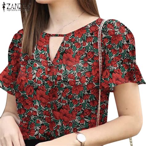 Zanzea Women Vintage V Neck Short Sleeves Daily Floral Printing Blouses Shopee Malaysia