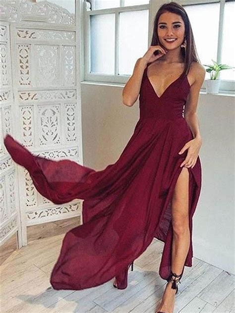 A Line V Neck Backless Long Maroon Burgundy Prom Dresses Backless For