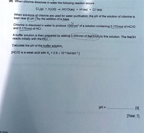 B When Chlorine Dissolves In Water The Following Reaction Occurs Cl2