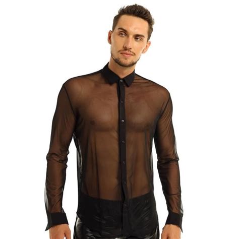 Yonghs Fr Homme Chemise Transparente Manches Longues Sexy Slim Fit Top