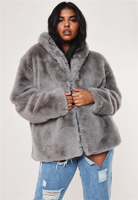 Plus Size Grey Shawl Collar Faux Fur Coat Missguided Australia