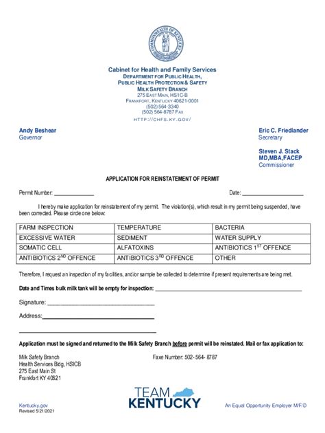 Fillable Online Chfs Ky Application For Reinstatement Of Permit