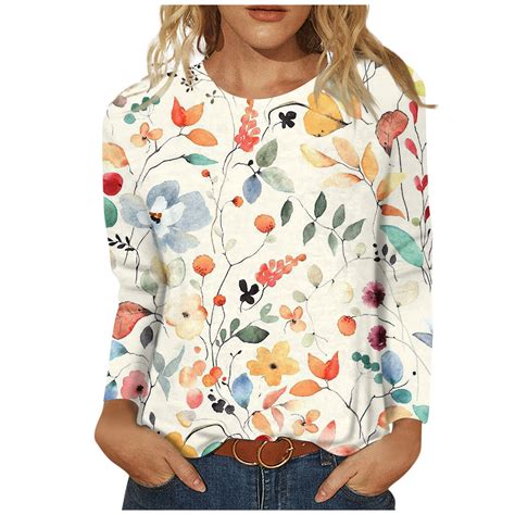 Ehtmsak Running Long Sleeve Shirt Women Crew Neck Floral Tunic Casual Plus Size Elbow 2024