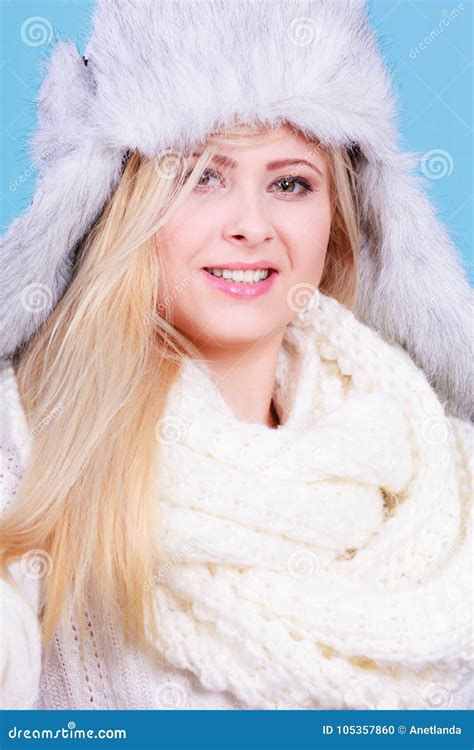 Blonde Woman In Winter Furry Hat Stock Photo Image Of Enjoying Smiling 105357860