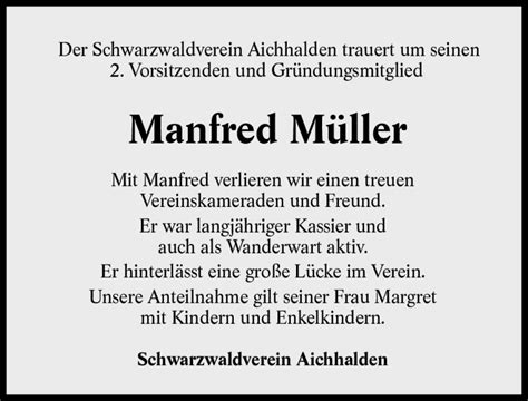 Traueranzeigen von Manfred Müller Schwarzwälder Bote Trauer