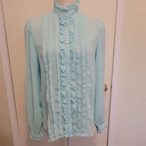 Vintage S High Neck Sky Blue Secretary Blouse Puff Gem