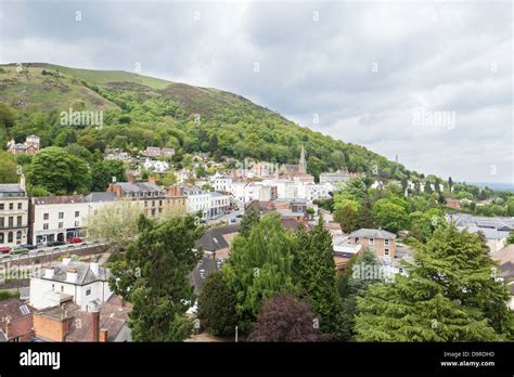 Great Malvern town below the Malvern Hills from the tower of Great Malvern Priory ...