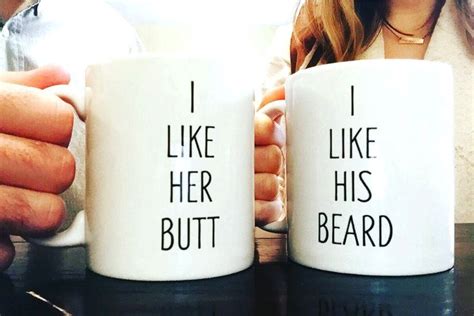 Two People Holding Coffee Mugs That Say I Like Her He S Beard