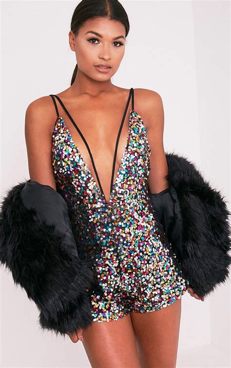 Tarlia Multi Sequin Plunge Romper Womens Playsuits Sexy Women Dress