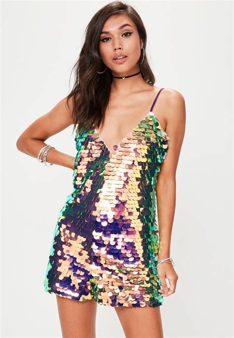 Missguided Purple Strappy Sequin Romper Sequin Playsuit Sparkly Playsuit Fashion