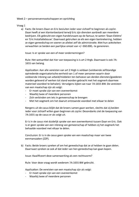 W2 Uitwerkingen Opgaven Week 2 Week 2 Personenvennootschappen En