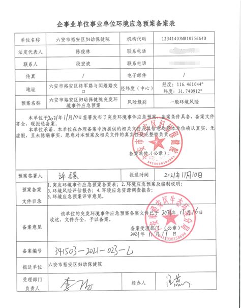 六安市裕安区妇幼保健院突发环境事件应急预案备案表六安市裕安区人民政府