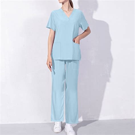 Cavosen Uniform Scrubs Sets Women Blue 2 Piece Outfit With Pocket Stretch Soft Workwear Short