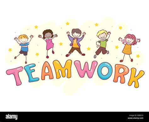 Illustration of Stickman Kids Jumping Over Stars and Teamwork Lettering Stock Photo - Alamy