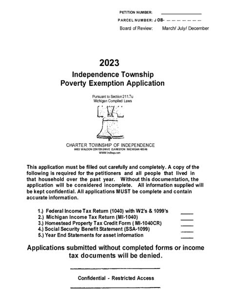 Fillable Online Independence Township Poverty Exemption Application Fax