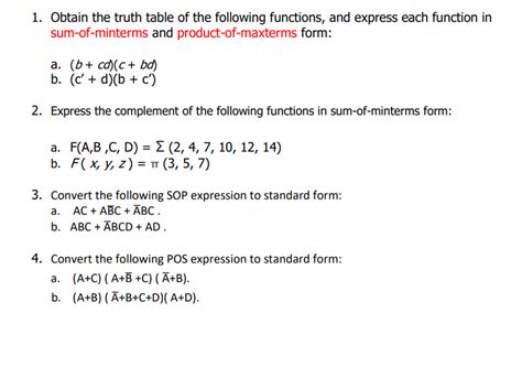 Solved 1 Obtain The Truth Table Of The Following Functions Chegg