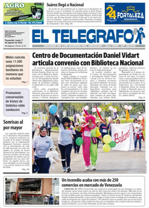 Newspaper El Telégrafo (Uruguay). Newspapers in Uruguay. Monday's edition, August 1 of 2022 ...