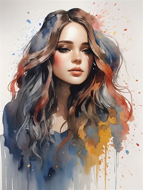 Long Hair Watercolor Woman Portrait Splatter Illustration Drawing PNG ...