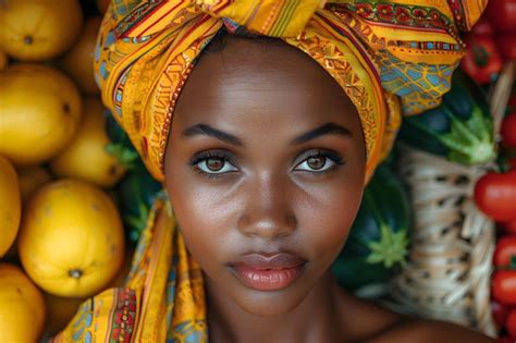 Premium Photo Woman Wearing Yellow Head Scarf Next To Pile Of Lemons