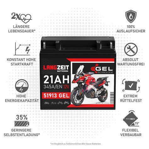 Langzeit Batterie 51913 GEL Motorradbatterie 21Ah 12V 345A EN Batterie