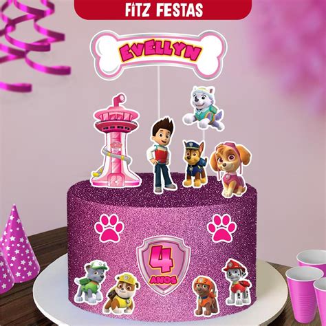 Topo De Bolo Patrulha Canina Rosa Topper Personalizado Decora O