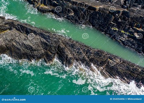 Aerial View Of Rocks And Ocean On The Welsh Coastline Pemrokeshire