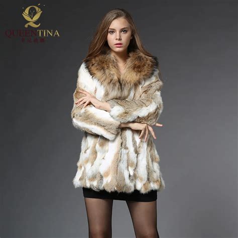 Genuine Rabbit Fur Coats With Raccoon Collar Natural Rabbit Fur Jacket