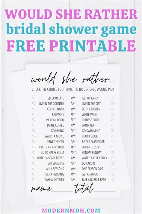 Would She Rather Bridal Shower Game Free Printable