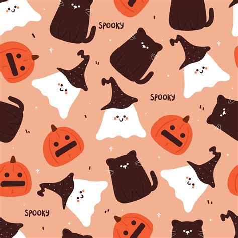 Halloween Seamless Pattern With Cartoon Pumpkin Cat Ghost And