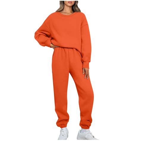 Ixbnca Women Sweatsuits Solid Color Jogger Tracksuits Crewneck Long