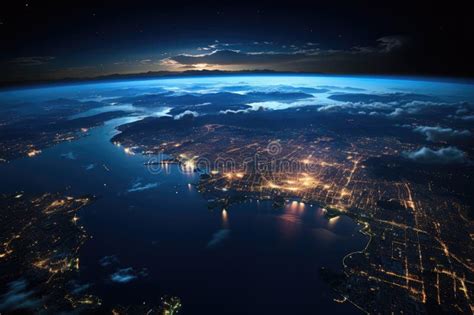 View of Earth from a Space, Oceans and Illuminated Cities are Visible ...