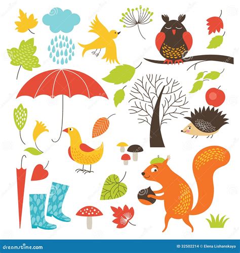 Set Of Cartoon Characters And Autumn Elements Stock Images - Image ...