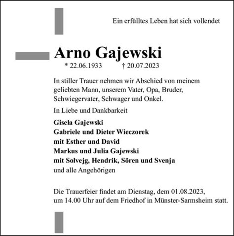 Traueranzeigen Von Arno Gajewski Vrm Trauer De