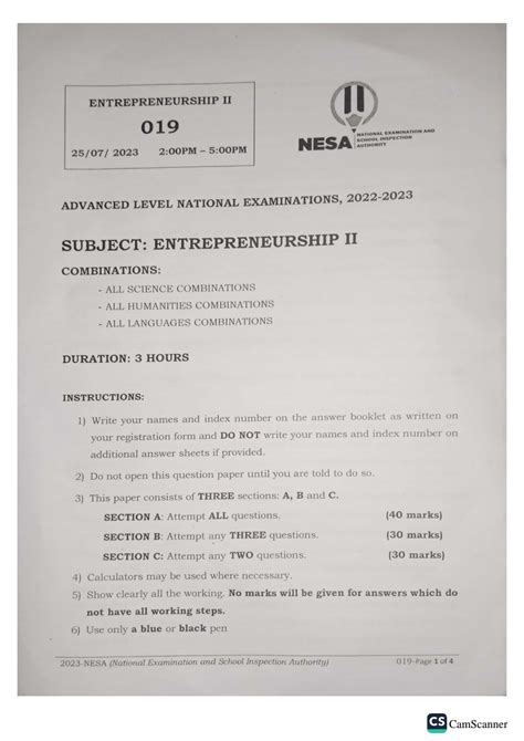 NESA S6 ENTREPRENEURSHIP NATIONAL EXAMINATION PAST PAPERS 2023 NEWS