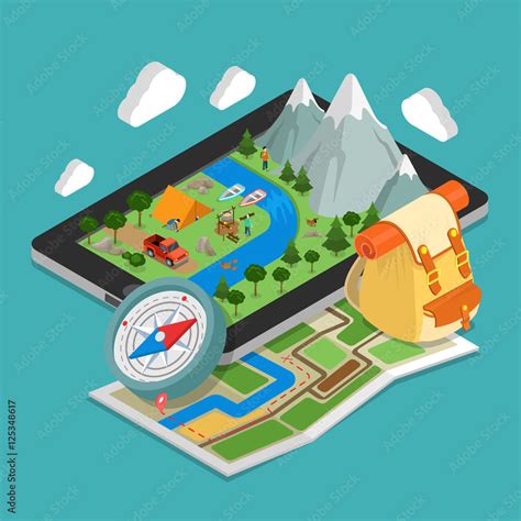 Flat 3d Isometric Mobile Gps Navigation Maps Concept Vector Stock