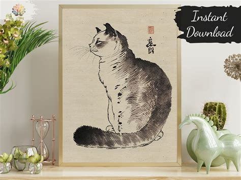 Printable Wall Art Japanese Cat Painting Instant Download Wabi Sabi