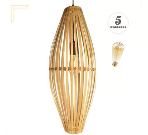 5 Pendente Bambu Artesanal Fibra Natural Sala Nat27 Led