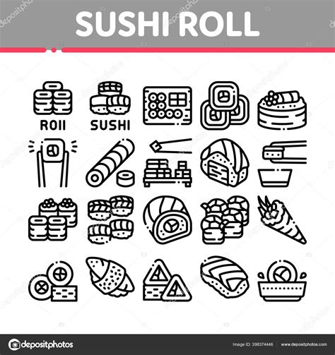 Sushi Roll Asian Dish Collection Icons Set Vector Sushi Roll Stock